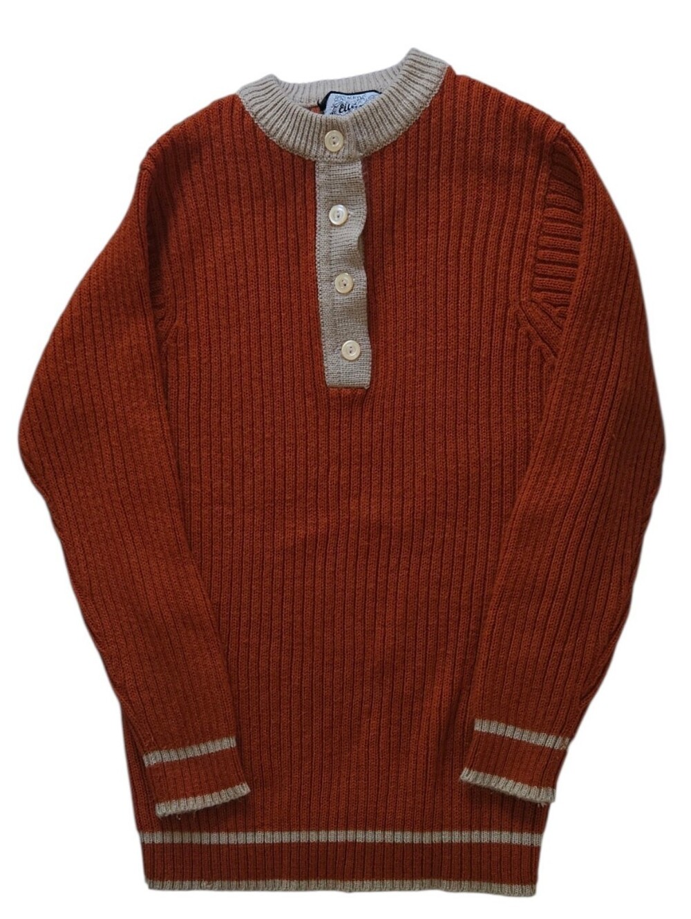 Vintage 70s/80s "Eileen" Burnt Orange Ribbed Knit Henley Sweater | Rust & Cream